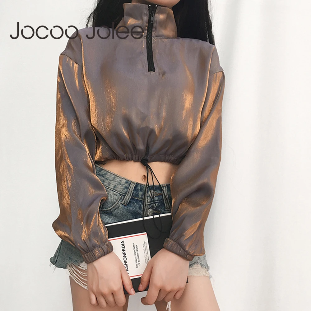 

Jocoo Jolee women Glitter Hip Hop Jackets Autumn Long Sleeve Zipper Stand Neck Drawstring Short Coat Fashion Cropped Tops 2019
