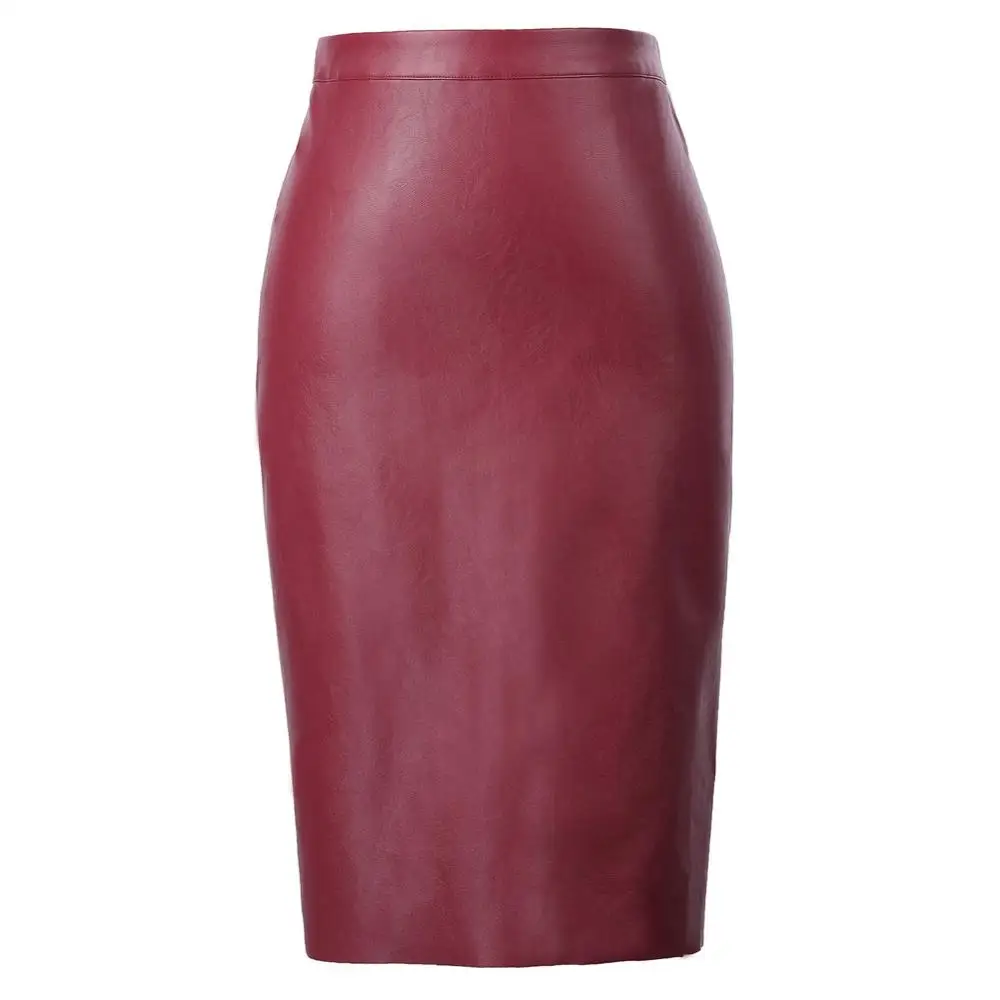 KK000601 Wine red Grace Karin, Женская юбка из искусственной кожи, красный/черный цвет, кожа юбка с высокой талией, асимметричные юбки, Офисная юбка-карандаш, длина до колена,облегающая юбка миди - Цвет: KK000601 Wine red