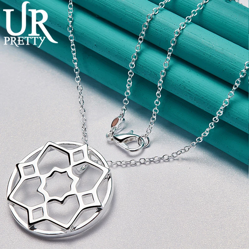 

URPRETTY 925 Sterling Silver Round Flower Window Necklace 16/18/20/22/24/26/28/30 Inch Snake Chain For Woman Wedding Jewelry