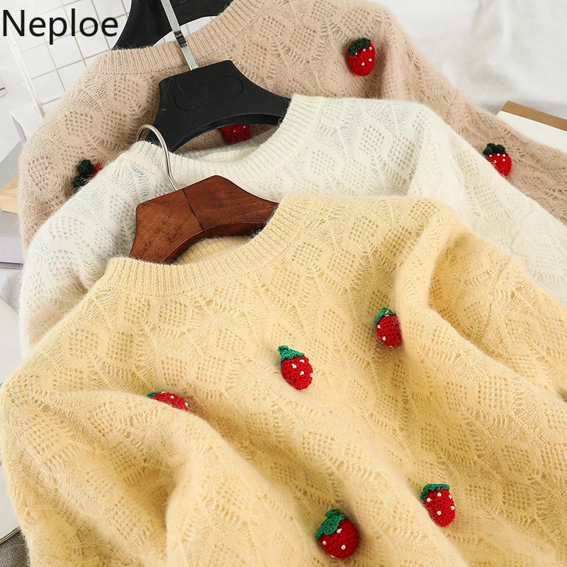 Neploe, круглый вырез, карамельный цвет, вязаный пуловер, свитер, женский, с аппликацией клубники, карамельный цвет, для осени и зимы, теплый, новинка 48404