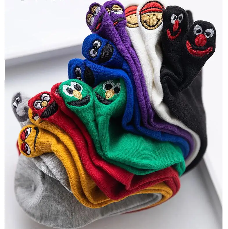 4 Pairs/lot Women Socks Kawaii Embroidered Expression Boat Socks Candy Color Cotton Breathable Ankle Socks Unisex Funny Socks
