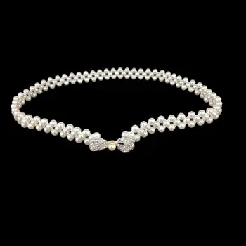 

70x2cm 70x2cm Womens Three Rows Thin Faux Pearls Stretchy Waistband Bridal Wedding Sash With Rhinestone Hollow Out Bowknot Waist