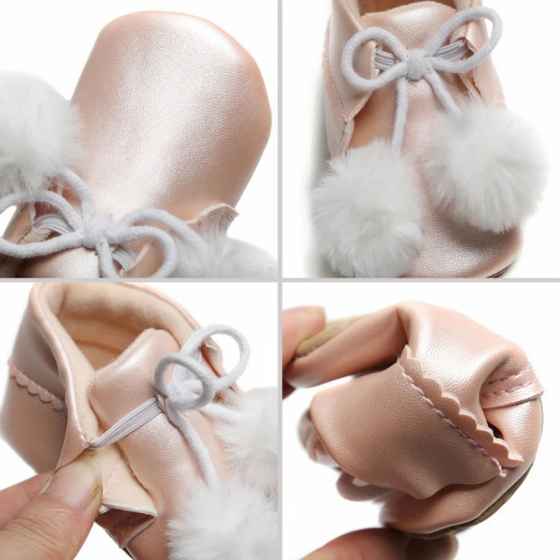 Autumn Children Baby Booties for Girls Casual Leather Boots Toddler Girls Plush Ball Decor PU Soft Shoes Walking Shoe
