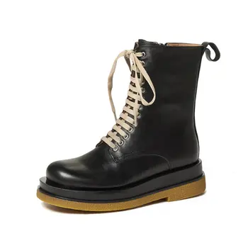 

Genuine Leather Ladies Boots 2020 Autumn Winter Platform Chunky Heels Pumps Sexy Cross Tied Night Club Shoes Woman