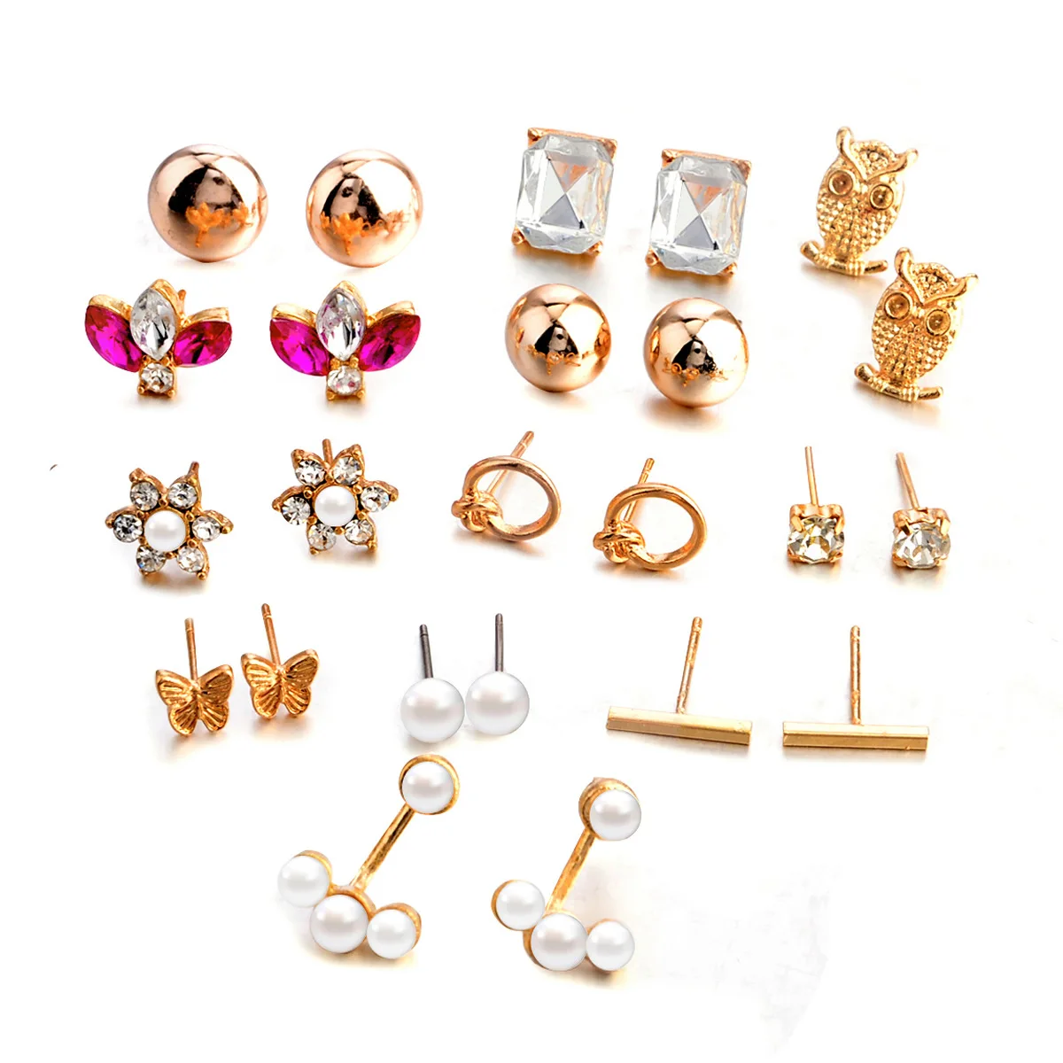 

European And American Style More than Set Flower Beads Owl Pearl Diamond Set Earrings Ear Stud