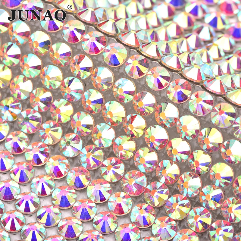 

JUNAO 24*40cm Top Quality Hotfix Glass Crystal AB Rhinestone Mesh Fabric Flatback Strass Trim Crystals Mesh Banding Decoration