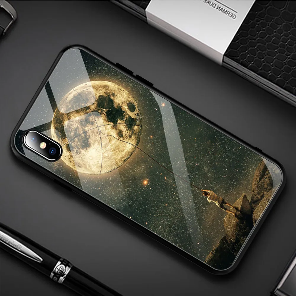 A12 Роскошный окрашенный чехол из закаленного стекла для iphone 11 pro max x xr xs 8 7 6 6 S Вселенная Звездное Фламинго Луна цветочный узор мягкий край - Цвет: A12