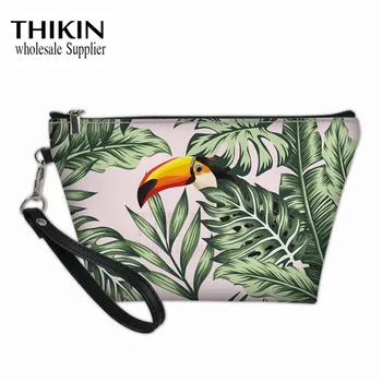 

THIKIN Ladies Makeup Bag and Cases Plam Tree Toucan Print Waterproof Cosmetic Bag for Women Maleta Maquiagem Profissional Custom