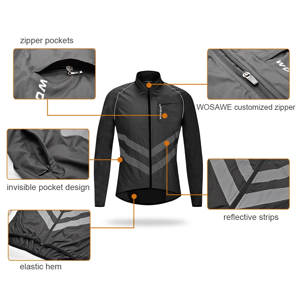 WOSAWE Reflective Jacket Cycling Long Sleeve Wind Bike Windbreaker Windproof Waterproof Quick Dry MTB Jersey Jackets Windcoat