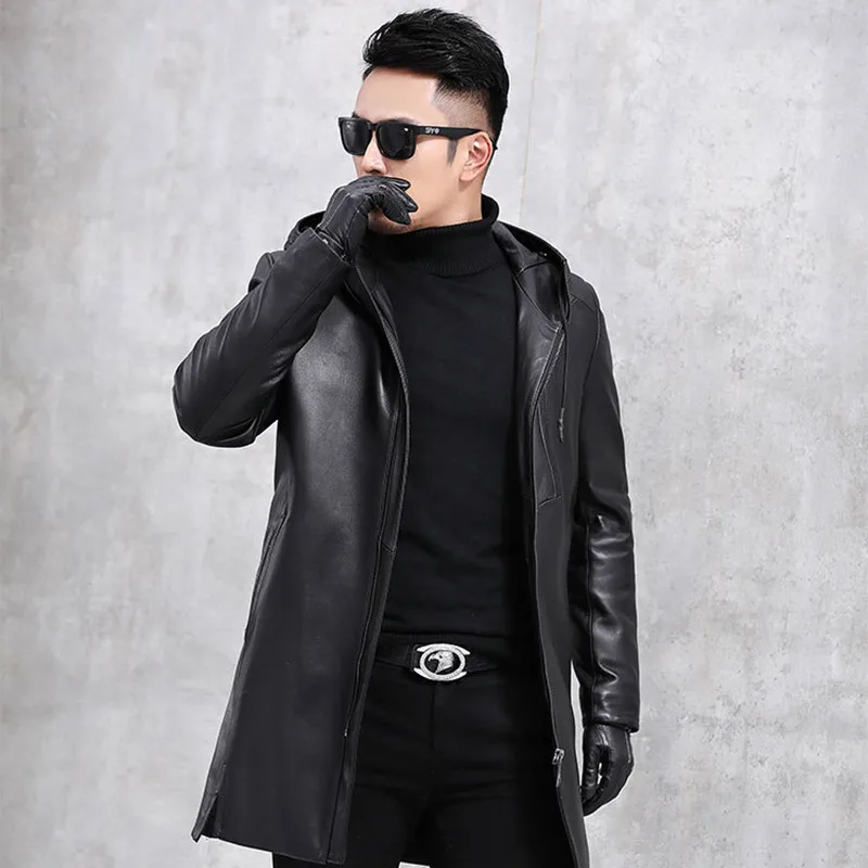 

Men's Sheepskin Leather Coat Winter Long Warm jacket New Genuine Leather Men's Hooded Sheepskin Down Jacket Thickened Down Coat