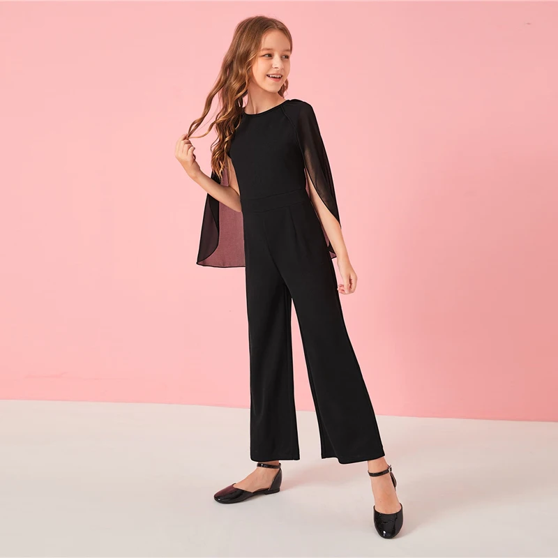 SHEIN Kiddie/черные однотонные вечерние комбинезоны с накидкой на рукавах для девочек; г. Осенние Гламурные комбинезоны с высокой талией и широкими штанинами на молнии сзади