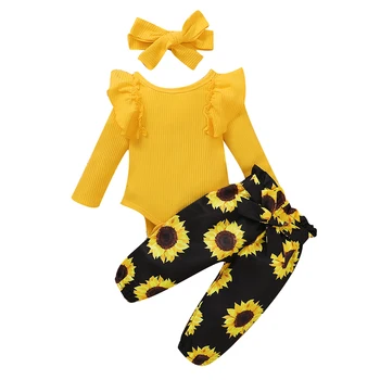 

Autumn Newborn Baby Girl Sunflower Dress 3Pcs Knit Ruffled Long Sleeve Romper+Pants+Headband Outfit