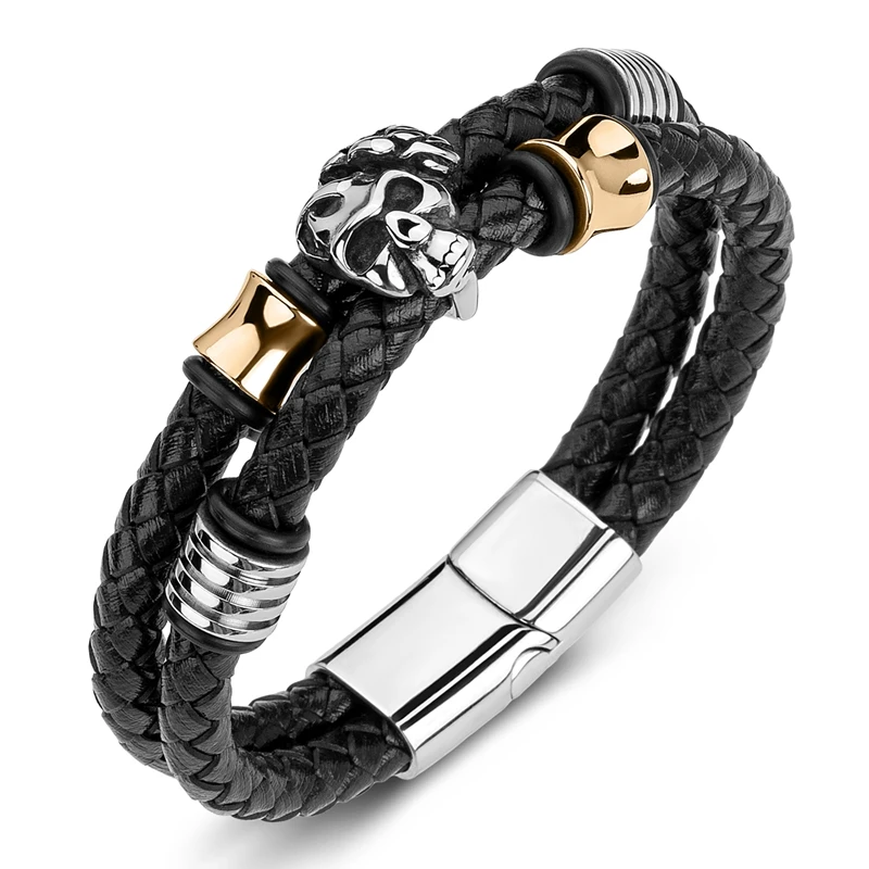 

Braided Genuine Leather Men Bracelets Stainless Steel Rose Flower Skull Bangles Punk Skeleton Jewelry Male Wristband Gifts P190