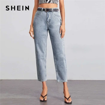 Женские джинсы-бойфренды SHEIN, Длинные повседневные джинсы с высокой талией, на молнии, с эффектом потертости и моркови, без пояса