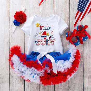 

4pcs Baby Girl Clothes Set 4th Of July Stars Bodysuit+tutu Skirt+flower Headband+bow-knot Shoes Outfits Baby Girl Clothes Set