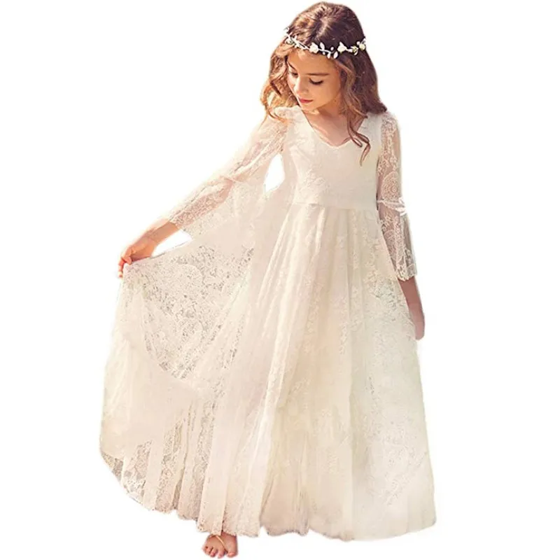 

Ivory Lace Flower Girl Dress Kids Wedding Party Pageant First Communion Gown Long Sleeve Tulle robe fille mariage