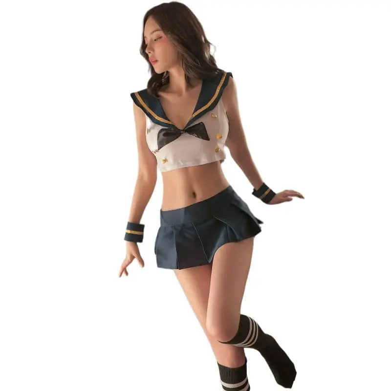 

Sexy underwear pure student uniform temptation sexy short top perspective split school uniform set