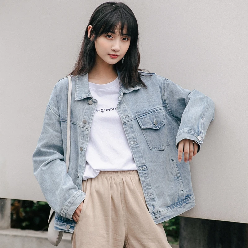 

Vintage Jeans Jackets Female Korean Short Denim Coat Autumn Long Sleeve Denim Jackets Loose Cowboy Outwear