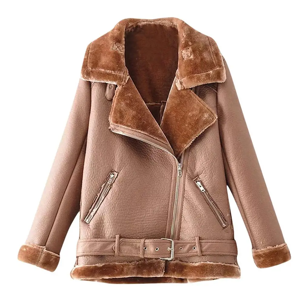 Женская зимняя теплая Толстая плюшевая куртка с длинными рукавами, однотонное байкерское пальто на молнии с карманом и отложным воротником, верхняя одежда, женская одежда черного цвета