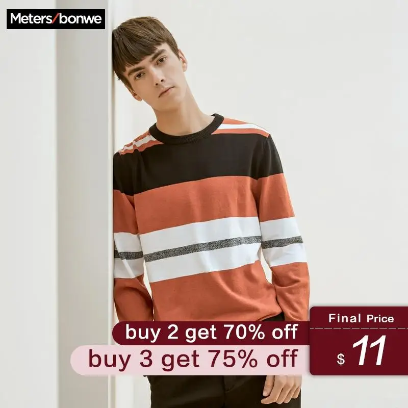 

Metersbonwe sweaters Men 2020 New Spring Men Sweaters Hong Kong Style Literary Sweater hit color Striped O-neck Base sweater