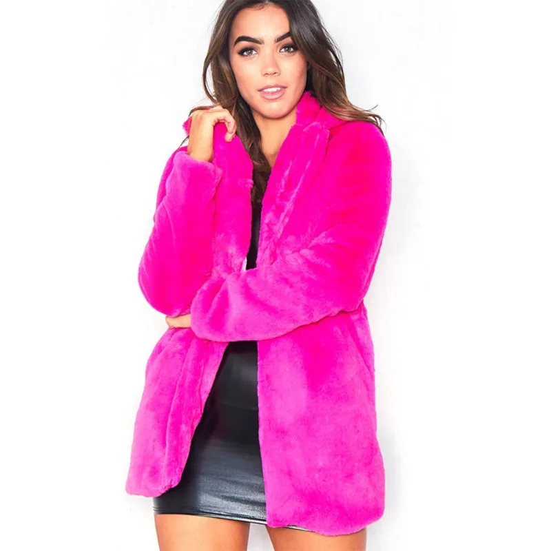Women Fashion Warm Faux Fur Simple Concise Solid Color Mid-length Coats Winter
