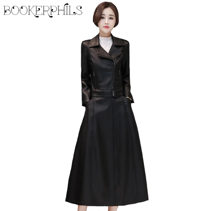Черная кожаная женская куртка, осенняя зимняя верхняя одежда размера плюс, мягкое кожаное пальто, Женское пальто из искусственной кожи