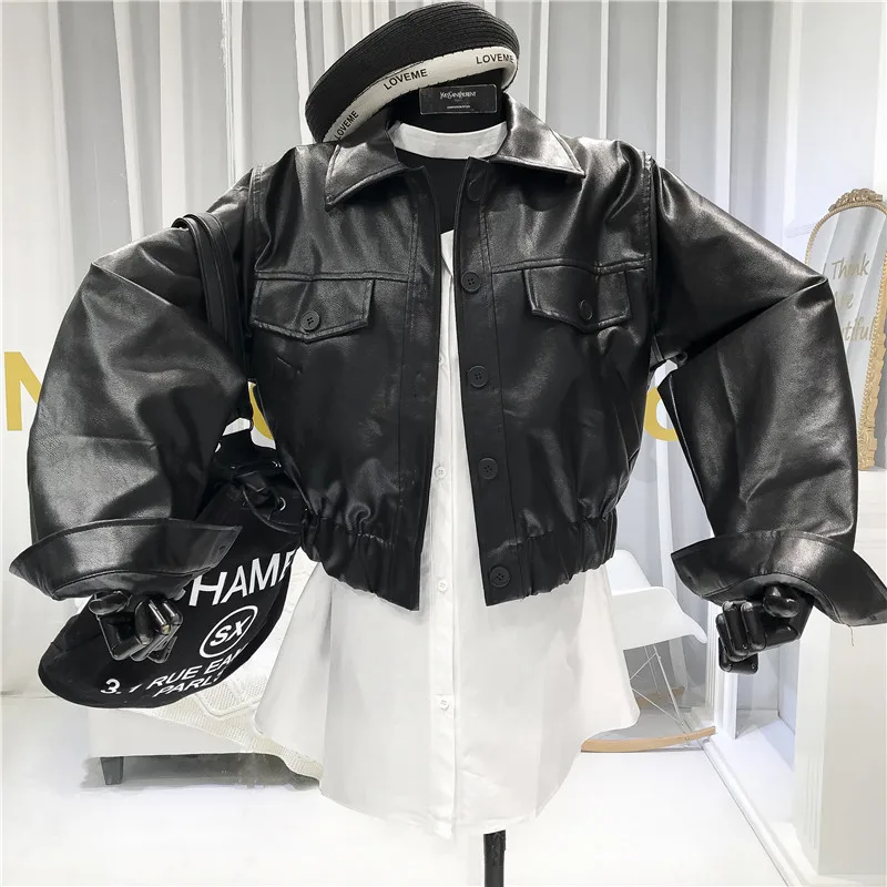 

2020 New Autumn Women Faux Leather Jacket Pu Motorcycle Biker Coat Turndown Collar Loose Streetwear Black Punk Outerwear PY132