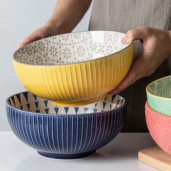

8inch Large Soup Bowl Embossed European-style Ceramic Tableware Salad Noodle Rice Bowl Hand-painted Household Kitchen Porcelain