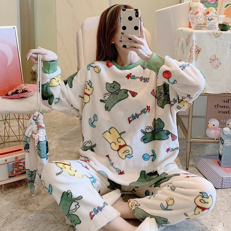 

Anime Cartoon Cute Girl Warm Flannel Sleepwear 2021 Suits Loose Sweet Casual Pajamas Sets Homewear Brief Winter Autumn Nightwear