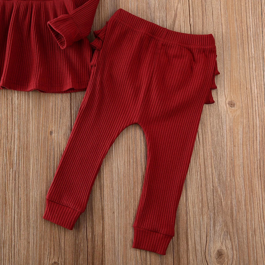 Pudcoco/Одежда для новорожденных девочек; однотонные трикотажные хлопковые топы с длинными рукавами; длинные штаны с рюшами и цветочным рисунком; комплект одежды из 2 предметов