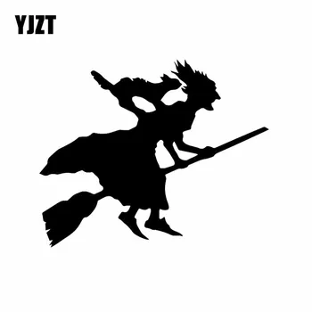 

YJZT 15.6X12.8CM Car Sticker Witch And Cat On Broomstick Flying Funny Car Window Vinyl Decal Black/Silver C24-1779