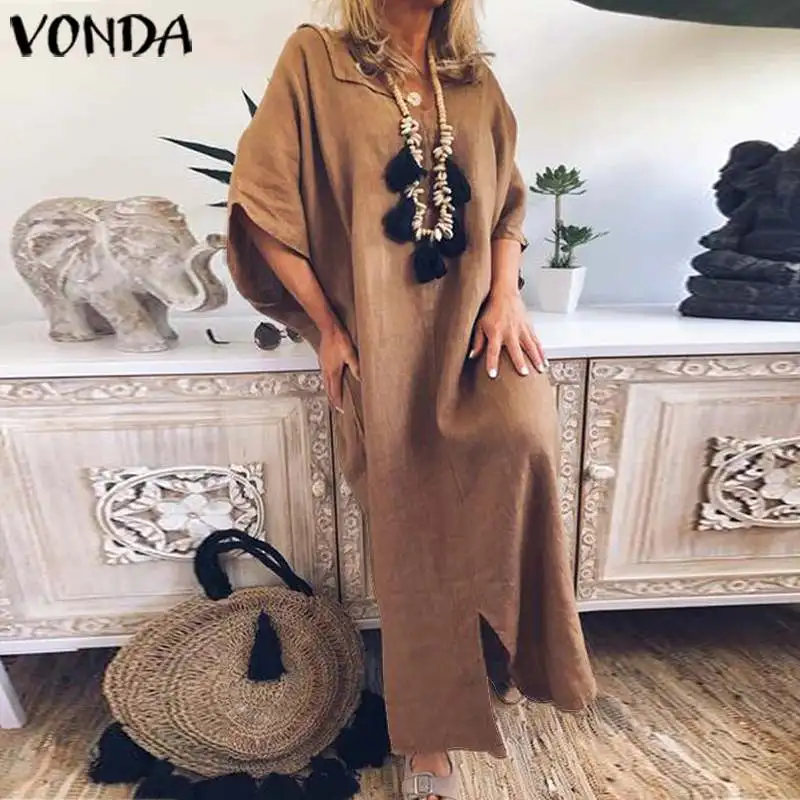 VONDA, женское летнее платье макси, одноцветное, повседневные, длинные платья, винтажные, длинные, вечерние, пляжные, Vestidos Bohemain, сарафан