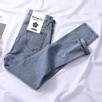

2020 New Skinny Jeans Woman High Waist Gray Blue Korean Fashion Denim Pencil Pants Summer High Elastic Jean Woman