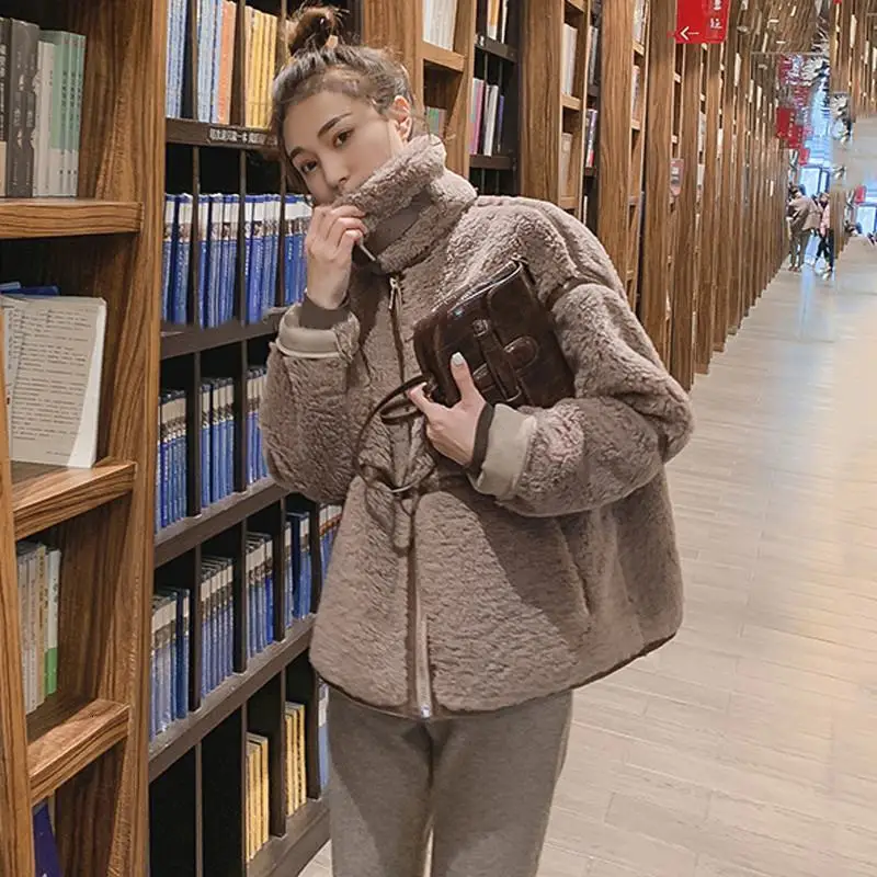 Новинка, Женское пальто из искусственной овечьей шерсти на весну и осень, женская Свободная Повседневная однотонная верхняя одежда, Женская куртка с отворотом и длинным рукавом, пальто L31 - Цвет: Brown