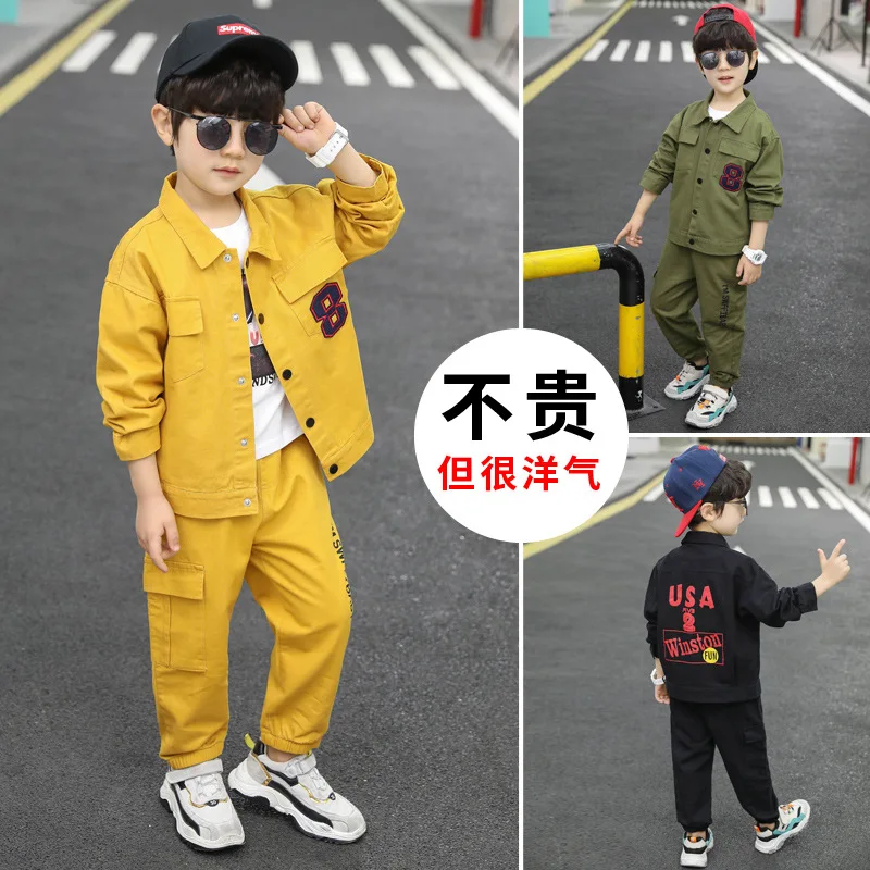

BOY'S Spring Set Solid Color Long Sleeve Workwear Set 2020 Spring And Autumn Middle And Large Children Two-Piece Set Childrenswe