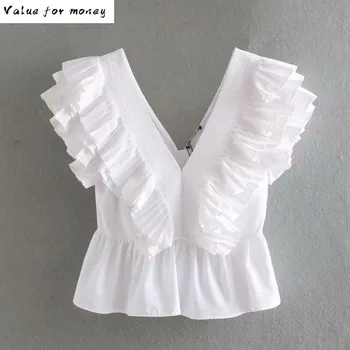 

summer tops white sleeveless crop top sexy deep v-neck blouses vacation beach lolita clothes