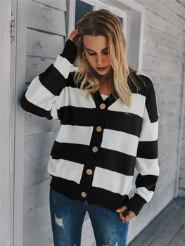 

Striped Knitted Cardigan Women Button Up Single Breasted Long Sleeve V Neck Sweaters Autumn Winter Outerwear Female Coats