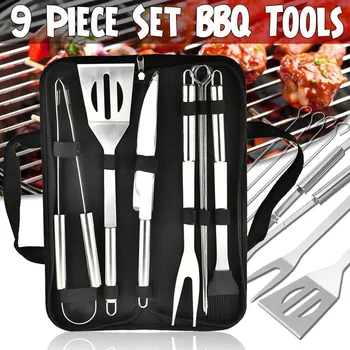 

9 Pcs BBQ Tools Set Barbecue Grilling Utensil Accessories Stainless Steel Wooden Camping Outdoor Cooking Tools Kit BBQ Utensils