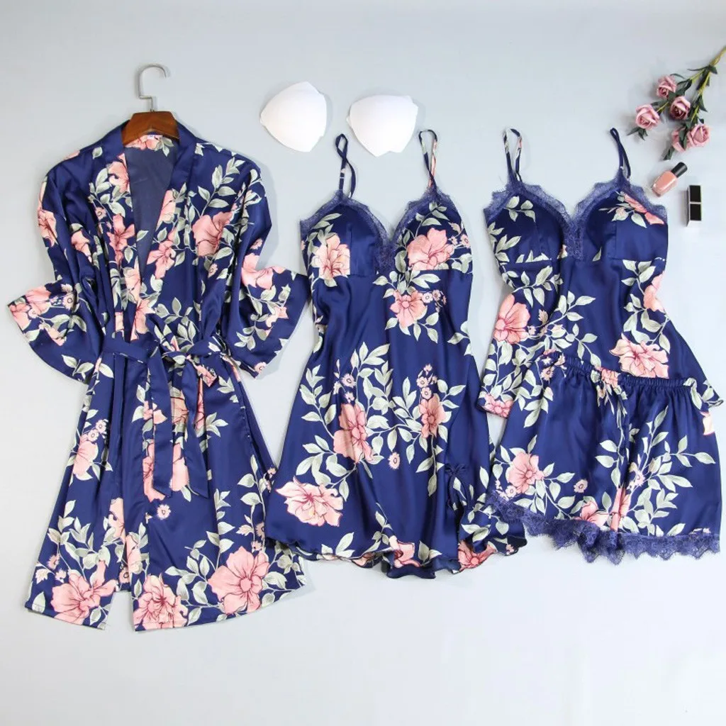 Женская пикантная Пижама с цветочным принтом кружевная ночная рубашка Шелковая