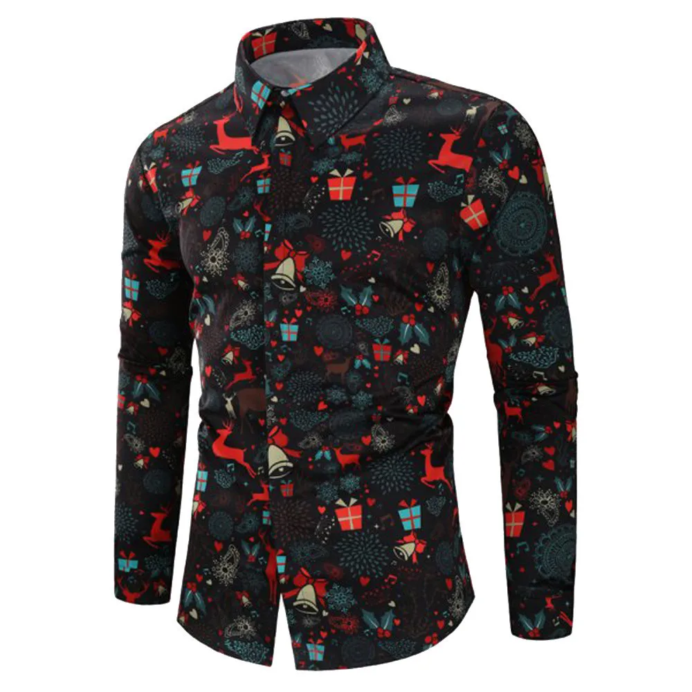Flower Printed Men Shirt Streetwear Elk Santa Claus Print Chemise Homme Mens Shirts Spring Autumn Camisas Top Blouse | Мужская одежда