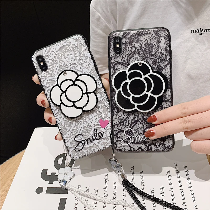 Lace Flower Makeup Mirror Phone Case For Samsung Galaxy S8 S9 S10 Lite S7 S6 Edge Plus C5 C7 C9 Note 8 9 With Lanyard Back Cover