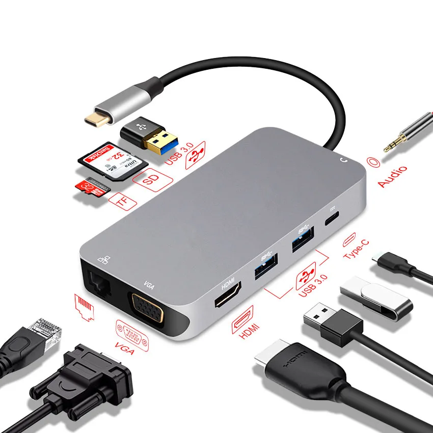 Thunderbolt 3 USB C концентратор тип-c к RJ45 VGA HDMI аудио многофункциональная док-станция для Macbook samsung S8 USB C концентратор адаптер - Color: Silver