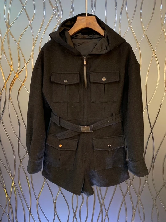 Early autumn new women's wear neckline, cap, decorative buckle, waist, long sleeve cloth, Long Sleeve Jacket 1004