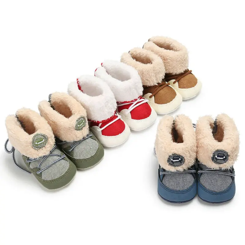 Зимние теплые ботинки для маленьких мальчиков 0-18 месяцев; обувь на мягкой подошве со шнуровкой для новорожденных; модная теплая обувь из шерсти в полоску для малышей и детей постарше