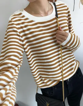 

Women Spring Sweater Pullover Pull Overpull Dark Flash Stripes Reverse Wild Sweater with Shoulder Buttons