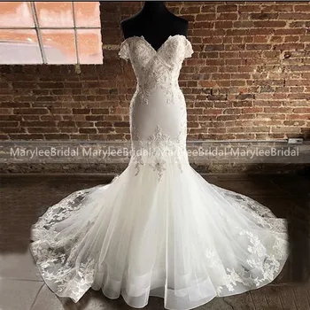 

Gorgeous Off Shoulder Tulle Wedding Dresses With Floral Appliques 2020 Elegant Sweetheart Mermaid White Bridal Dress Customized