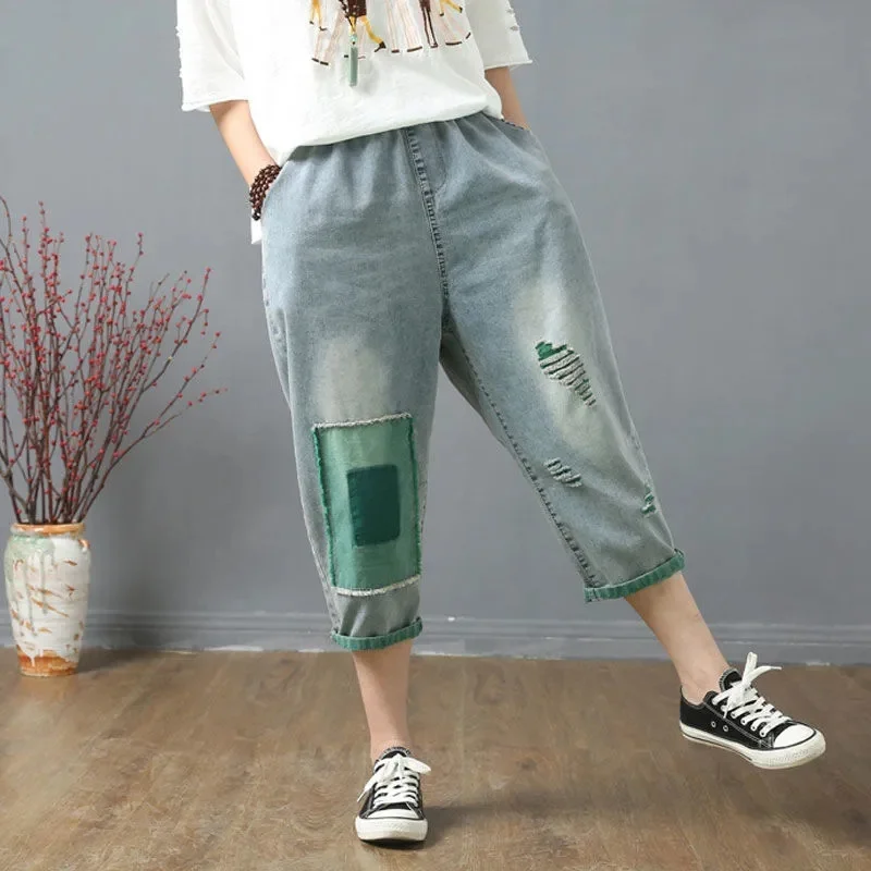 New Retro Contrast Color Patch Denim Cropped Trousers 2021 Women's New Loose Versatile Elastic Waist Ripped Beggar Pants