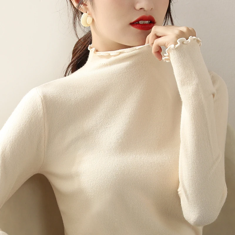 Womens Sweaters Autumn and Winter Fashion Women's Sweater Fungus Half Turtleneck Sweater Female Slim Long Sleeve Pullover