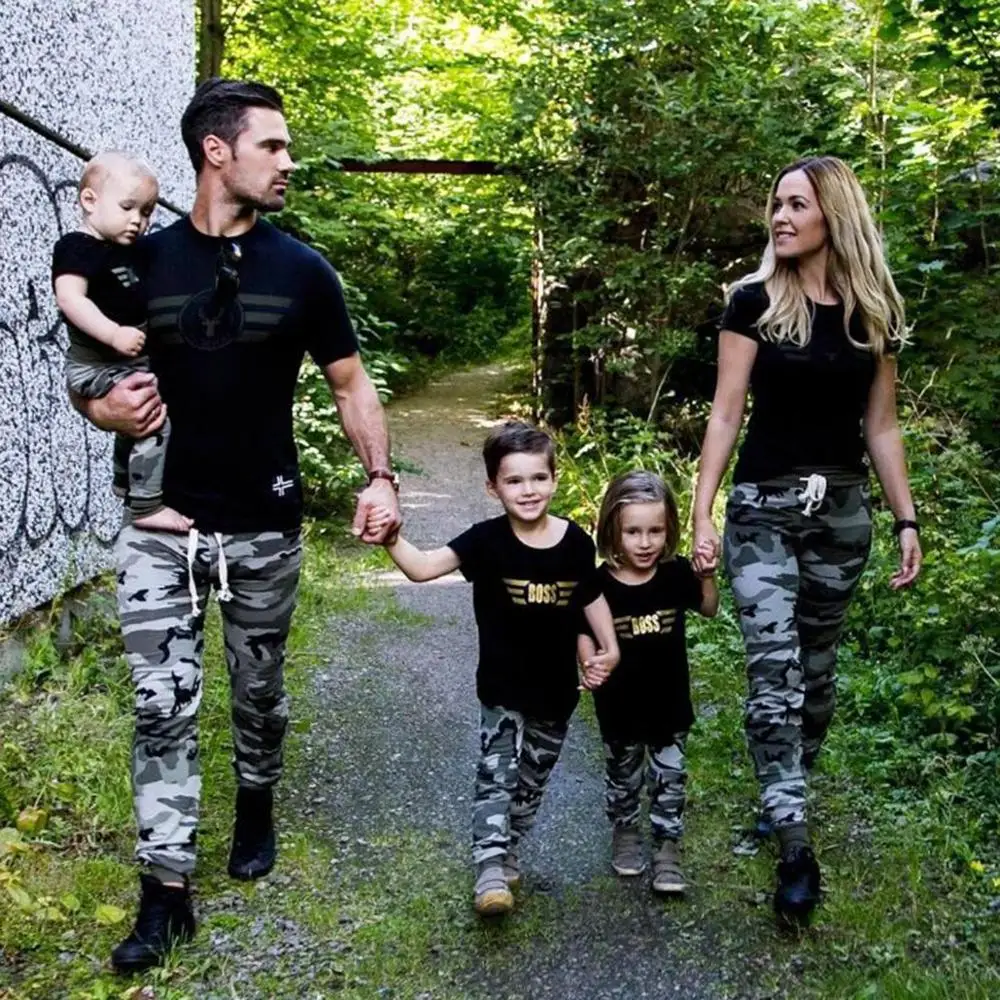 

new Family clothing Boss Short sleeve coat Camouflage pants Parent-child 2 piece set father mom brothers sisters Couples