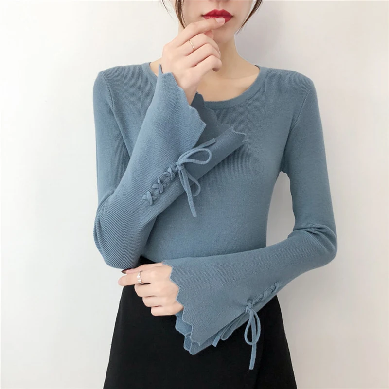 

Knitted Sweater Women Winter Autumn 2019 Lace Up Flare Sleeve Female Slim Tops Pullovers Hiver Pull Femme Poleras Sueter Tops